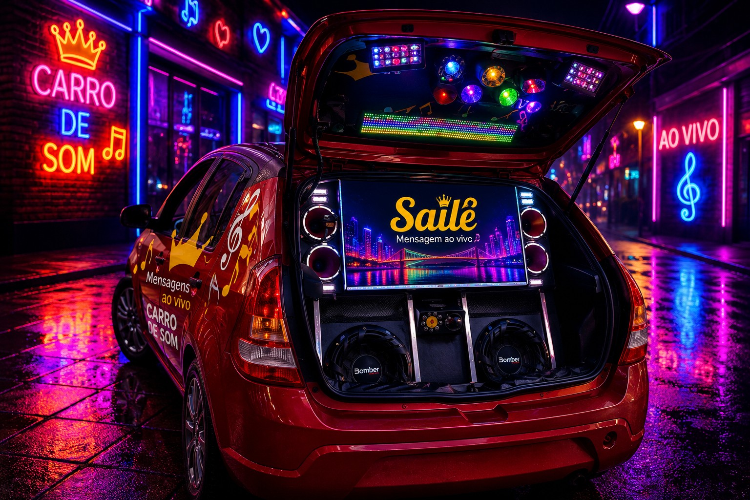 Carro de som neon da Saile Mensagens — atendimento em Gravataí